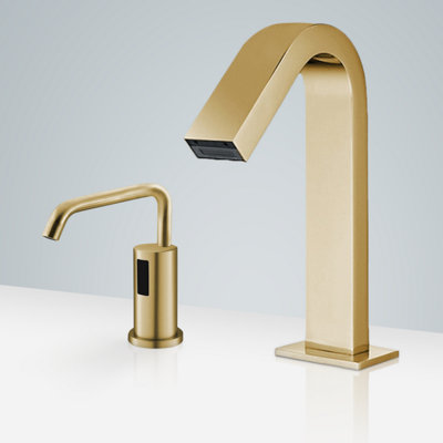 BathSelect Valence Brushed Gold Finish Touchless Motion Sensor Faucet & Automatic Liquid Soap Dispenser for Restrooms