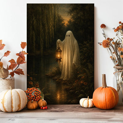 1 impression encadrée d'art mural sur toile, Ghost with Lantern Halloween Art Posters, impression sur toile, peinture pour salon, chambre, bureau, salle de bain, dortoir, prêt à accrocher