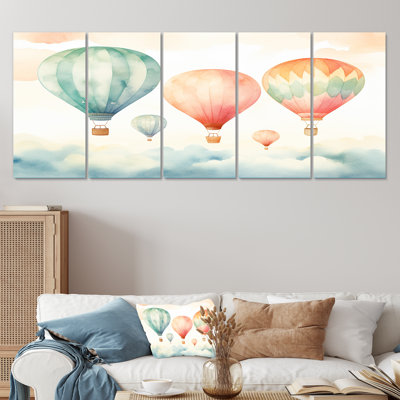 Green And Red Watercolor Hot Air Balloon Horizon I - Hot Air Balloon 5 Piece Wall Art Set