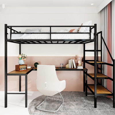 Structure de lit simple en fer noir avec loft simple avec garde-corps 360, bureau en L et compartiments de rangement pour bureau de décoration de chambre à coucher, tablettes pour économiser de l'espace