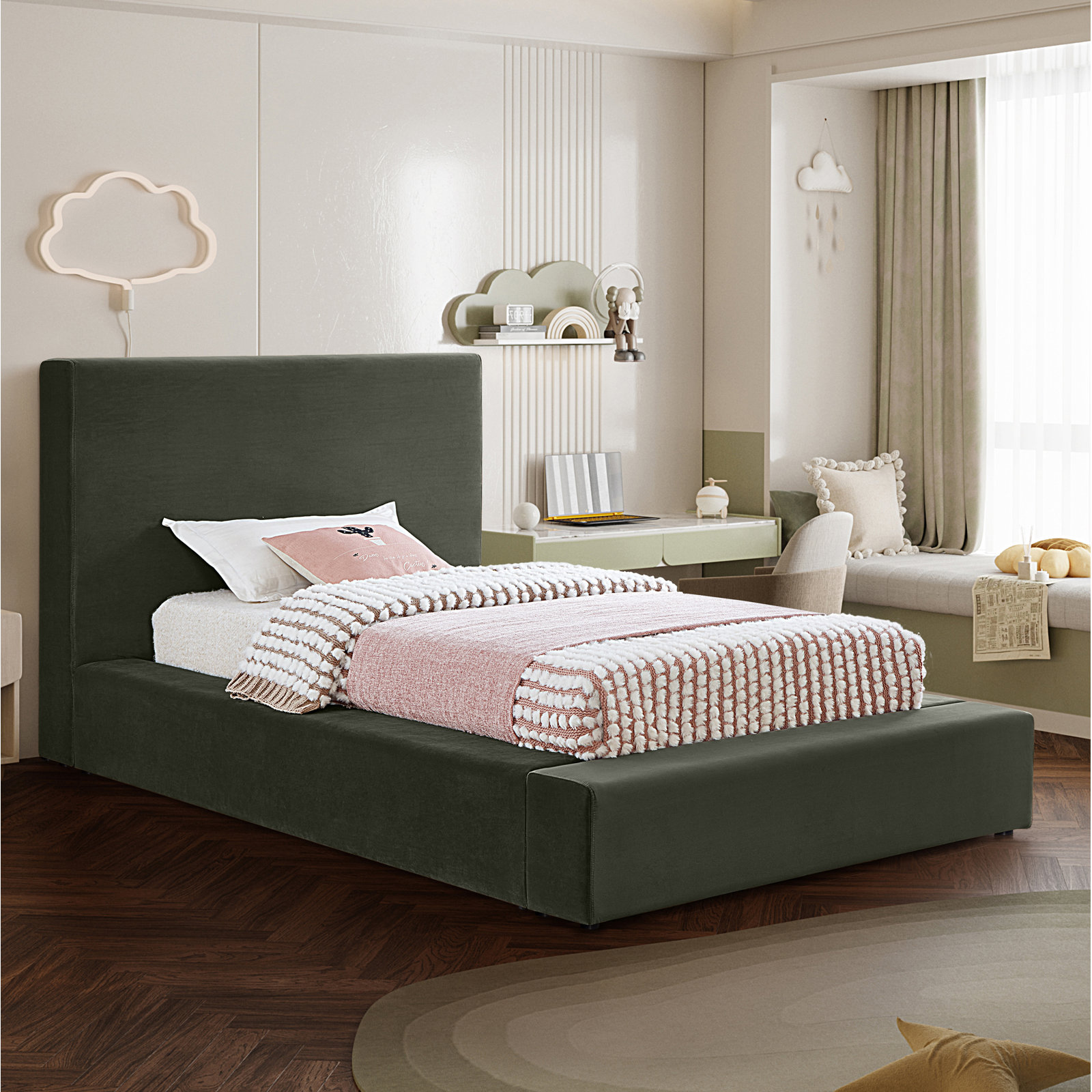 Ishia Velvet Upholstered Bed, Twin, Green Velvet