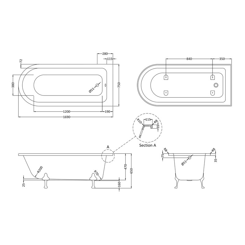 Winterburn x 750mm Freestanding Soaking Acrylic Bathtub, 65cm H x 75cm W x 169cm L