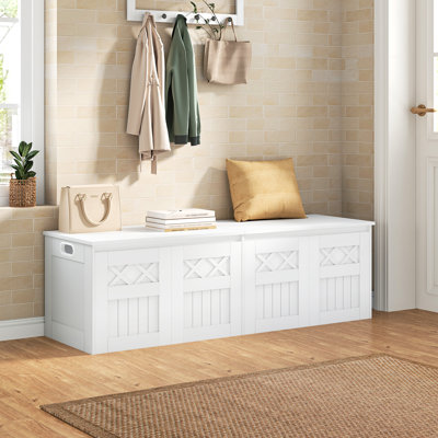 Coffre de rangement de 47,2 po, grand banc de rangement avec 2 charnières, banc de style campagnard en bois 242L, coffre de rangement à plateau relevable, banc de bout de lit en bois, convient au vestibule, chambre à coucher, blanc