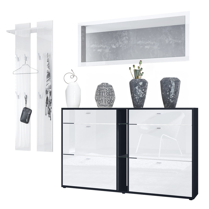 Orlando Hall Tree 215cm Wide with Shoe Storage, High Gloss White/Black