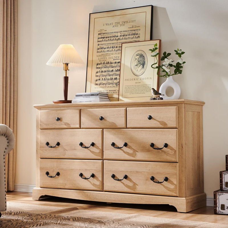 Fariah 54''W  Vintage 7 - Drawers Dresser Organizer, Wood Rustic Wide Chest of Drawers, Natural Oak