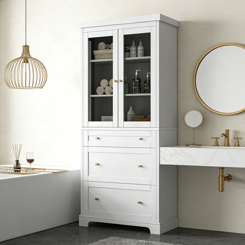 70.1" Modern Freestanding Tall Bathroom Cabinet With Glass Doors, 3 Drawers & Adjustable Shelves, White