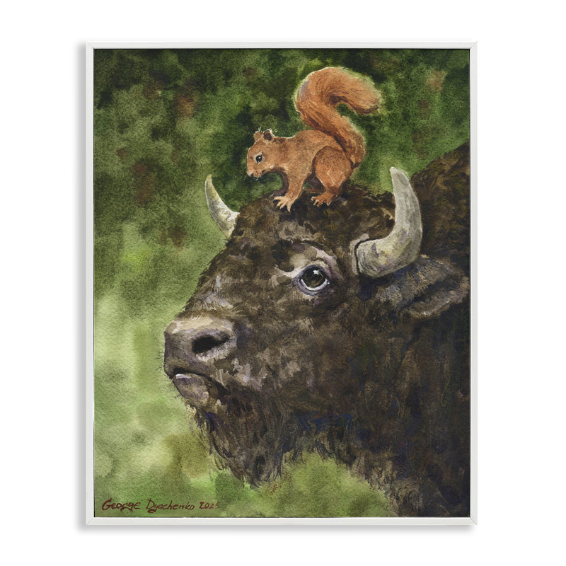 «Bison & Squirrel Duo», giclée par George Dyachenko, Encadrement giclée blanc côtier, H 30 po x l 24 po