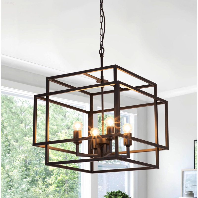 Suspension carrée moderne à 4 lumières, style ferme, avec chaîne de suspension ajustable, noire et dorée., Noir et or