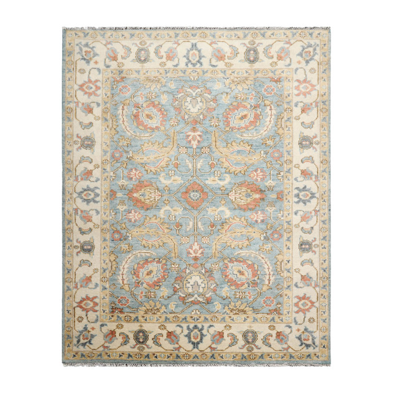 Tapis oriental multicolore en laine tissé à la main bleu, Rectangle l 8 pi x L 10 pi 3 po