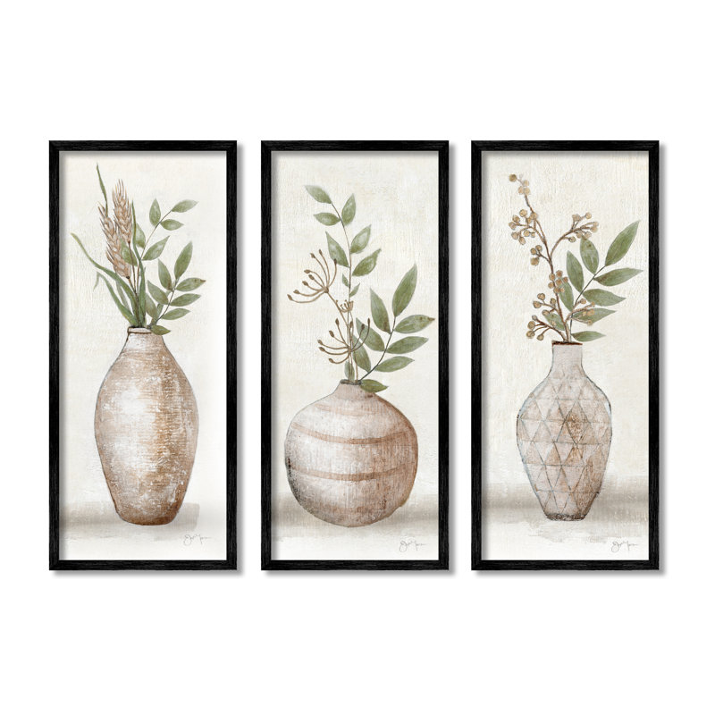 "Botanical Still Life Vase Ikebana Blossoms Arrangement" par Janet Tava - ensemble de 3 impressions sur toile