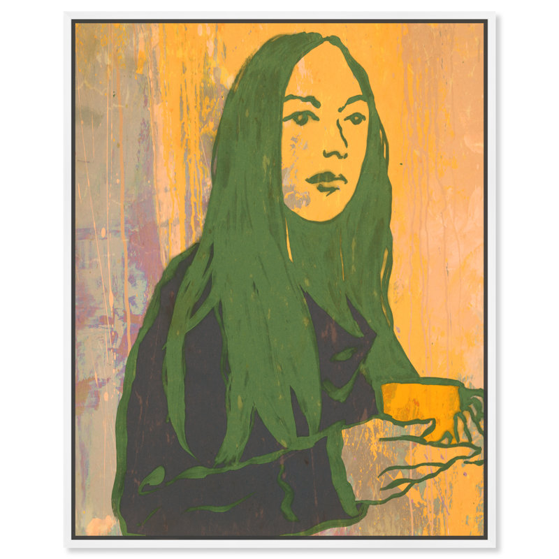 Lady Green Tea - peinture sur toile, H 20 po x l 16 po, Toile blanche encadrée