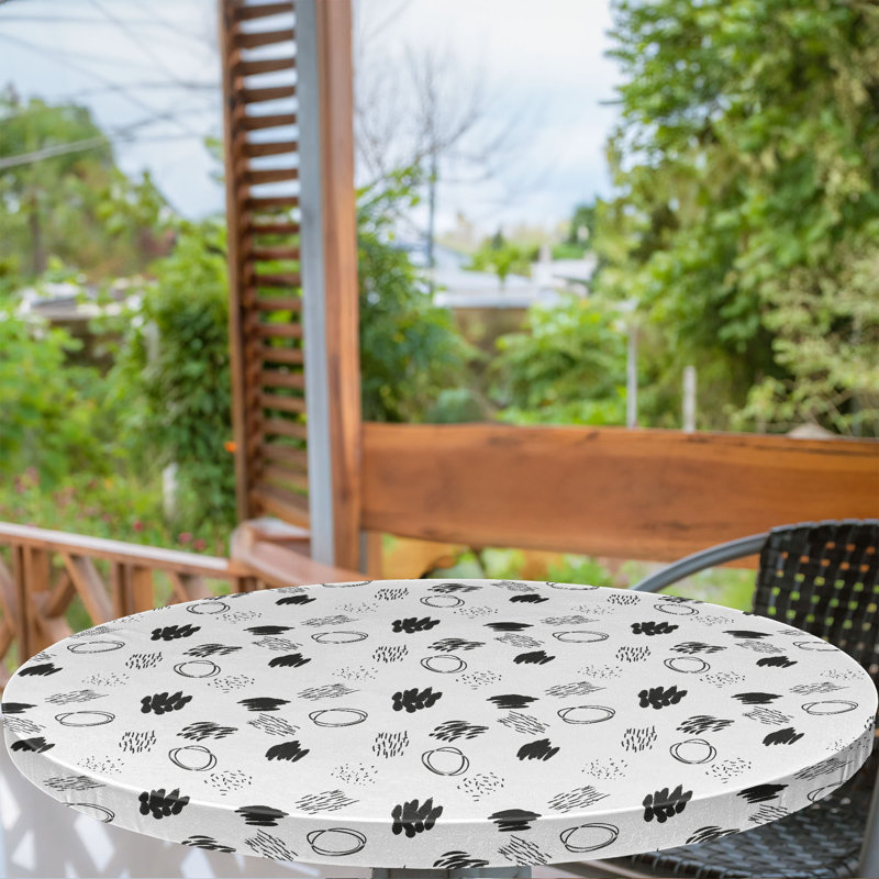 Ebern Designs Abstract Fitted Round Tablecloth White Charcoal Grey, 67.72" Round
