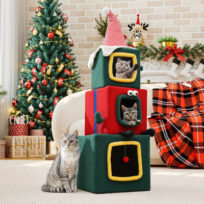 60" Christmas-Themed Cat Tree With 3 Semi-Enclosed Cat Houses, Indoor Tower With Cat Condos, Cute Cat Tree With Plush Ball