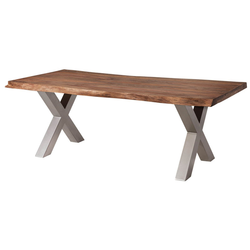 Solid Wood Top Metal Base Dining Table, Silver, Grey, 77 cm H x 220 cm L x 100 cm D