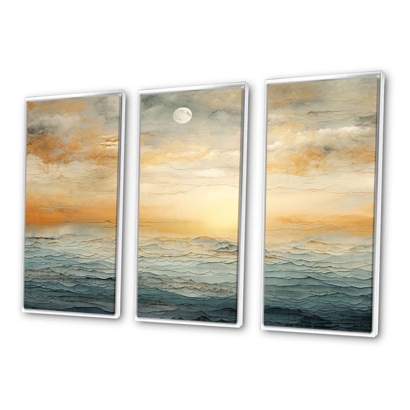 Ensemble de salon Minimalisme Coastal Storm Impression - Sunrises Sunset, Cadre flottant blanc, H 40 po x l 60 po x P 1 po