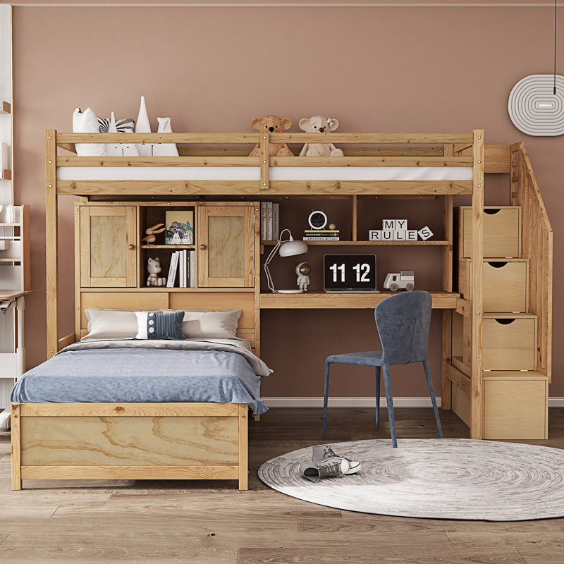 Lit mezzanine simple au-dessus de simple avec bureau intégré et escalier, Naturel