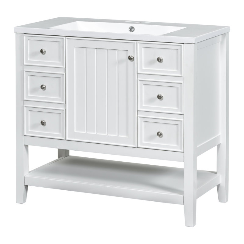 Meuble-lavabo blanc de 36 po, lavabo en céramique et bois massif en peuplier d'hévéa, une armoire, trois tiroirs, finition peinte, emplacement de lavabo encastré au centre, tablette réglable à rebord plat de 36 po, fixation pour robinet de 4 po