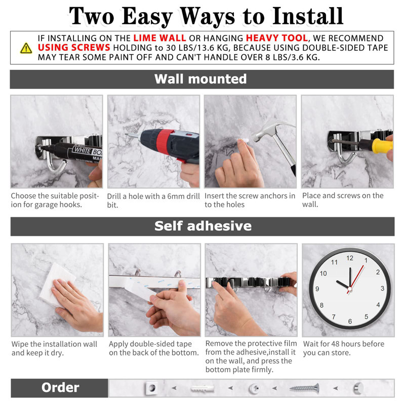 3 porte-balais et 4 crochets porte-balai et porte-vadrouille Porte-outils de rangement mural en acier inoxydable Crochets robustes en acier inoxydable auto-adhésifs pour la cuisine