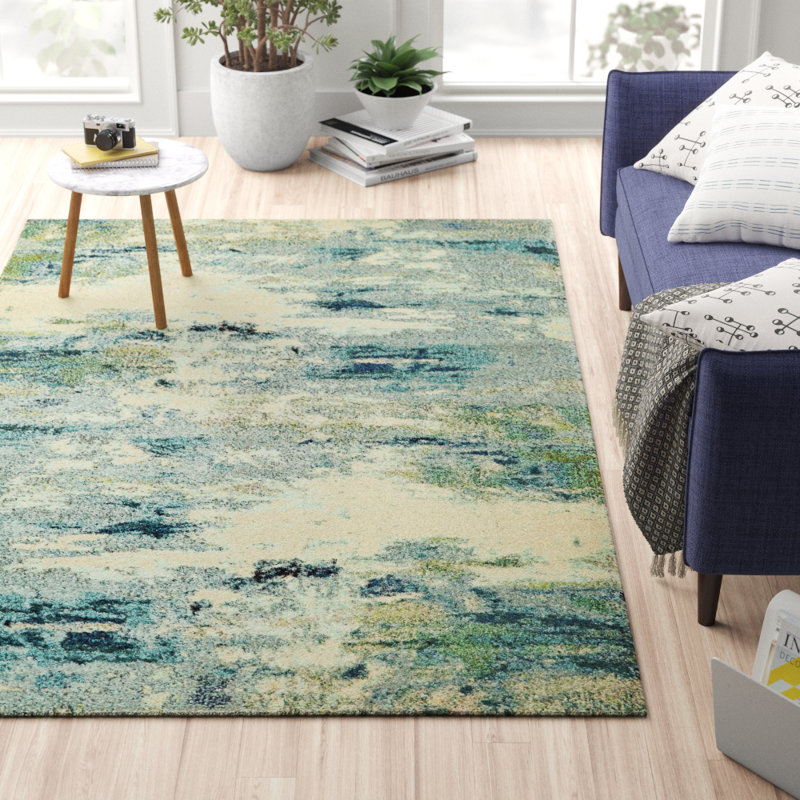 Tapis bleu clair tissé à la machine à motif abstrait Keimar, Rectangle 8 pi x 10 pi