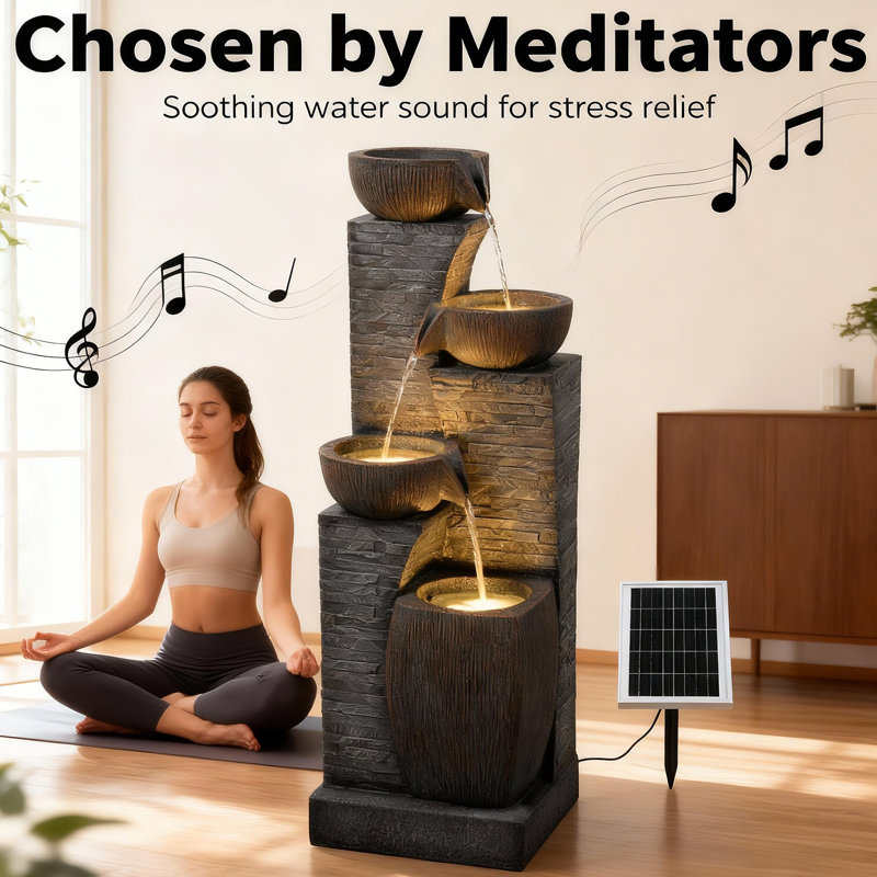 38.2" Tall Solar Water Fountain Outdoor Garden,4 Tiers Modern Cascading Bowls And Stacked Stones Solar Powered Fountains With Led Lights For Garden, Patio, Deck, Porch, Backyard, Lawns
