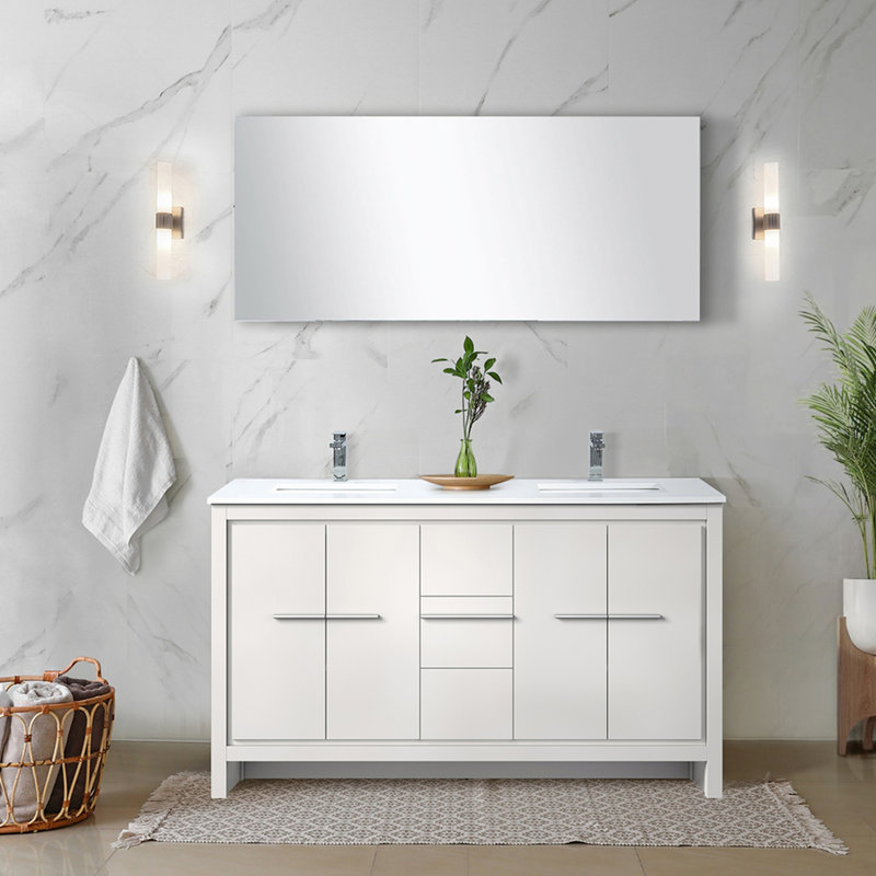 Meuble-lavabo double l 60 po x P 20 po, comptoir en quartz, robinet et miroir de 55 po, Blanc/chrome