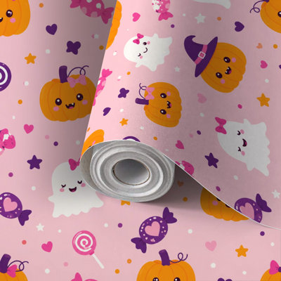 Papier-peint adhésif à peler et à coller Adorables citrouilles d'Halloween fantômes auto-adhésifs et amovibles 24 po x 118 po (60 x 300 cm)