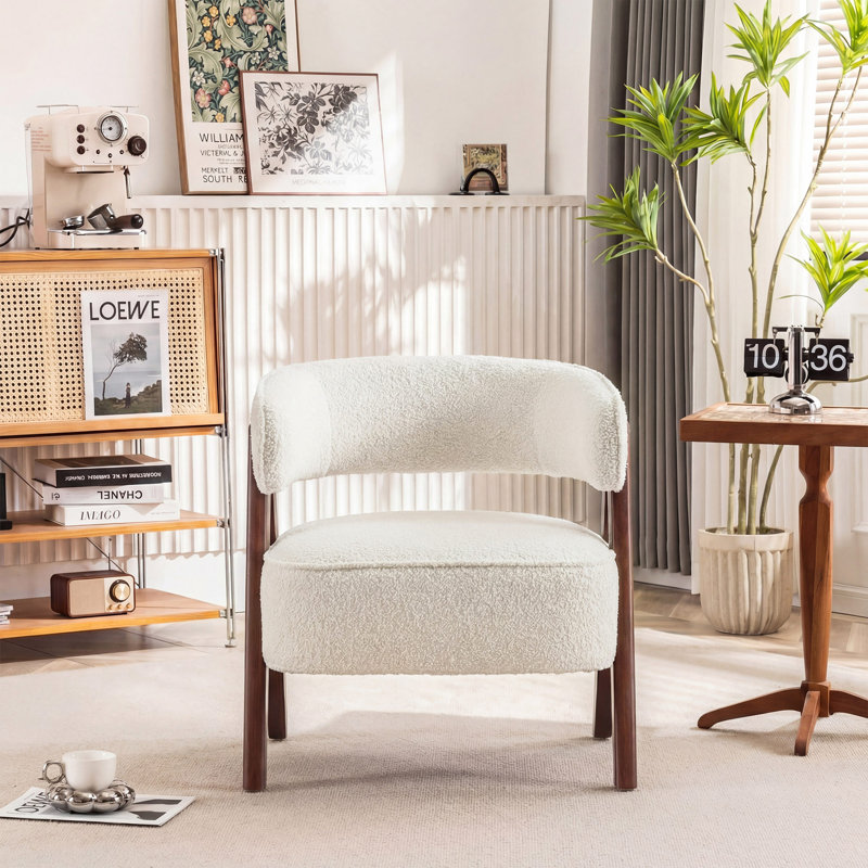 Jaytin Full Assembled Upholstered Armchair Boucle Fabric Accent Arm Chair Wingback Vanity Chair, Off White