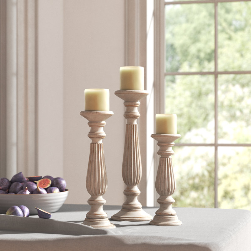 Handmade Distressed White Wood 3-Piece Candlestick Set
