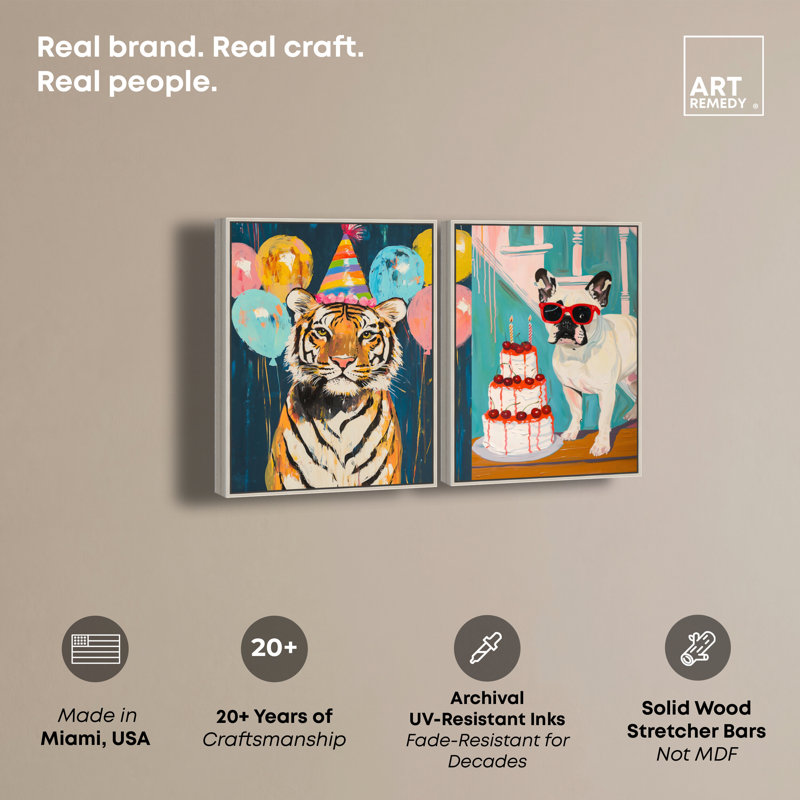 Fête d'animaux, reproduction d'art sur toile par Art Remedy, H 54 po x l 36 po, Encadrement argenté