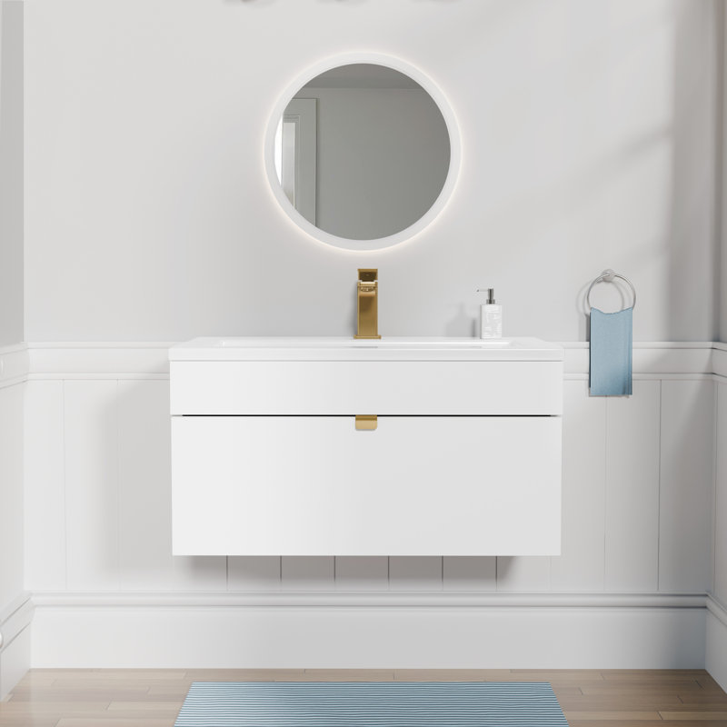 Ensemble de meuble-lavabo mural moderne 30 po Loft Collection - Poignées blanc / or, 30", Blanc / or