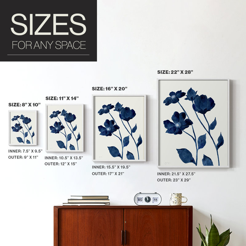 Indigo Bloom I Framed Print - Solid Wood, White, 20" H x 16" W