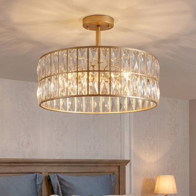 Lustre tambour en cristal doré à 6 lumières de 45,7 cm (18 po), suspension semi-encastrée réglable