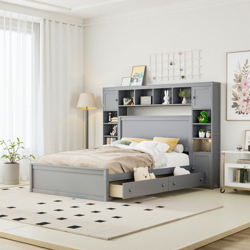 Grand lit de rangement avec tiroir et tablette, gris