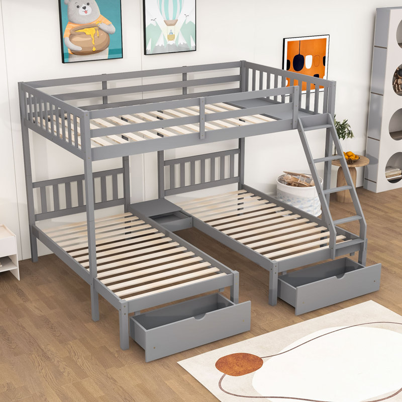 Enissa Full Over Twin & Twin 3 Drawers Wooden L-Shaped Bunk Beds, Gray