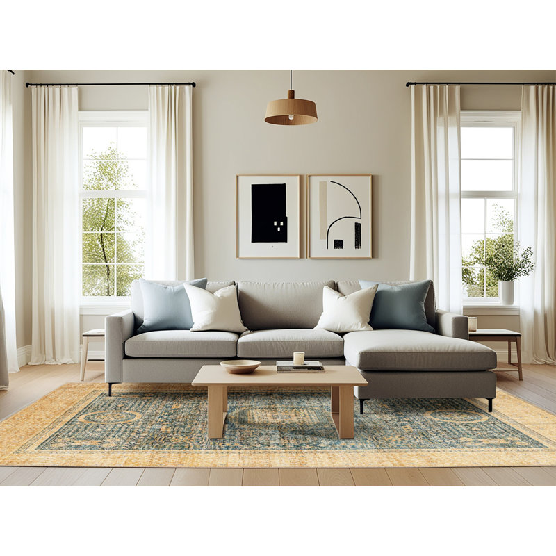 Tapis beige / bleu Southwestern, Rectangle 6 pi x 9 pi