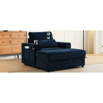 Chaise longue bleue moderne avec rangement mobile, hublots, porte-gobelets doubles et poches latérales pour un rangement caché de style urbain, compacte, compacte