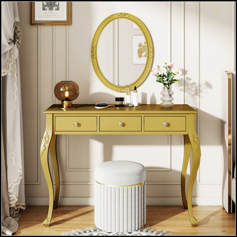 Meuble-lavabo de luxe avec miroir ovale, coiffeuse à 3 tiroirs pour le rangement des bijoux, console élégante pour l'entrée, le salon et la chambre à coucher, décoration intérieure élégante, or
