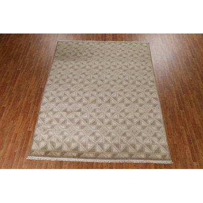 Tapis beige / brun en laine noué à la main de conception unique 8 pi x 9 pi 11 po New Age