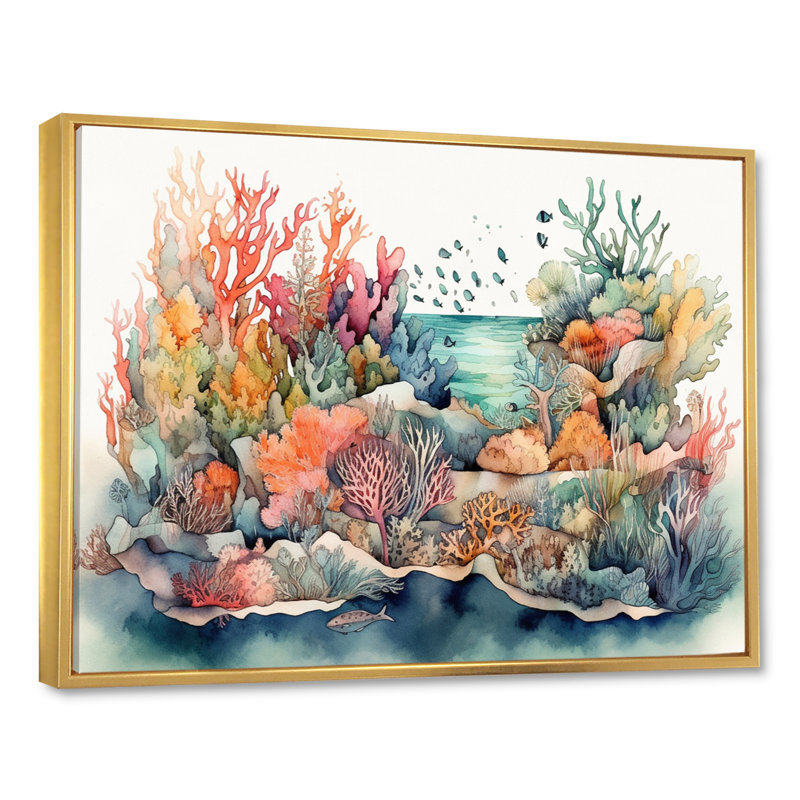 «Vibrant Coral Reef II - Modern Beach», reproduction sur toile encadrée, H 24 po x l 32 po x P 1 po, Cadre flottant doré