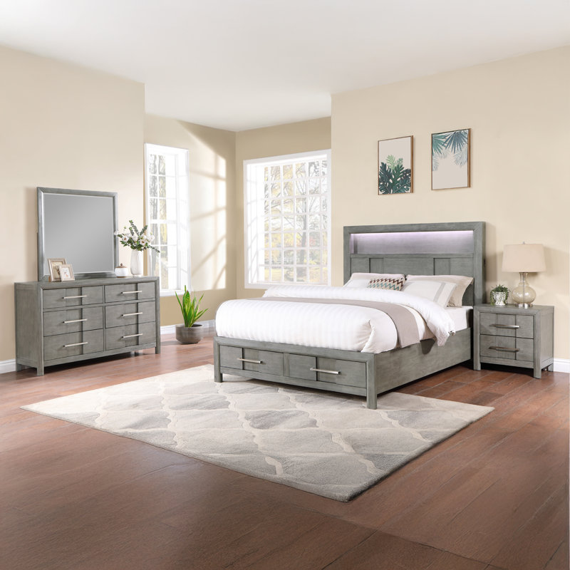 Ensemble de chambre à coucher Adryan, Lit double, Gris, 4 Pcs: Bed, Dresser, Nightstand, Mirror