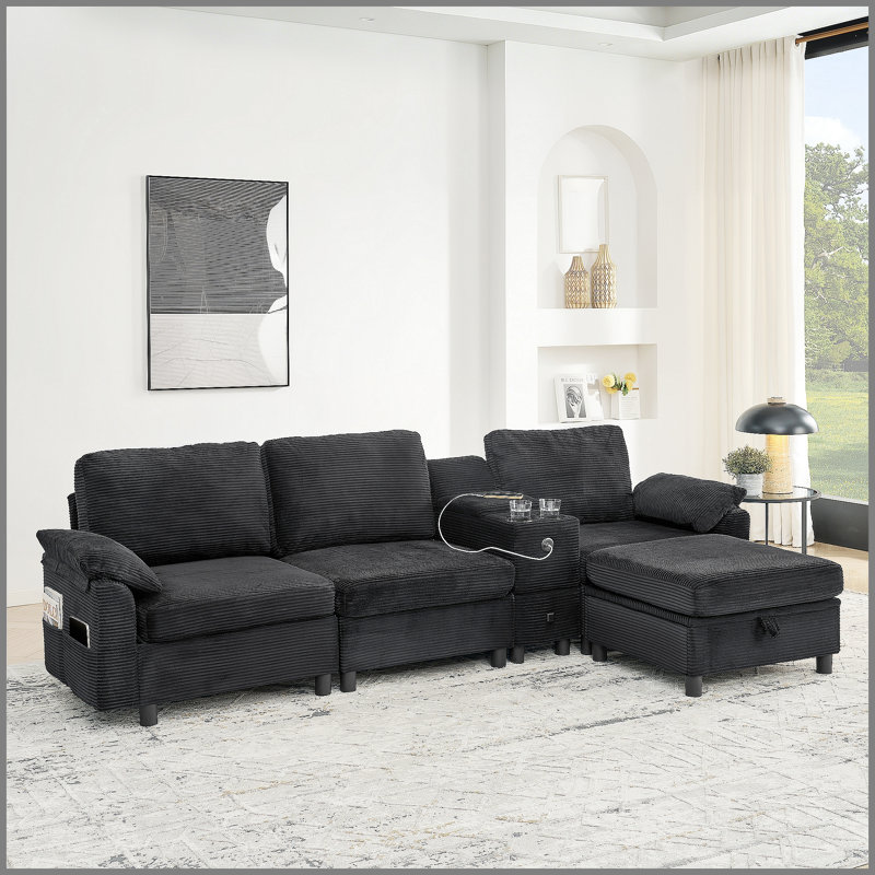 Canapé modulaire moderne en L avec rangement tout-en-un, poches d'accoudoirs de rangement latérales, console centrale avec porte-gobelet, repose-pieds avec rangement relevable, siège confortable à plusieurs places - noir