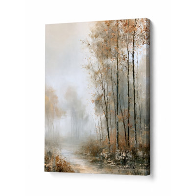 Misty Autumn Riverbank Wrapped Canvas Wall Art