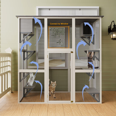Enceinte pour chat 70,9 po en bois gris, toit en asphalte à partir d'éléments, maison spacieuse avec 6 plateformes pour explorer et 2 aires de sieste, portes verrouillables en bois de sécurité de 70,9 po, toit résistant aux intempéries,