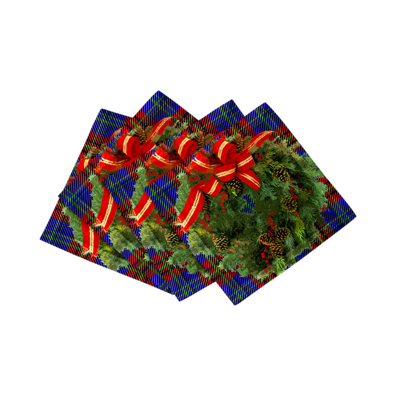 Christmas Wreath Cotton Sateen Cocktail Napkins, Tartan Blue