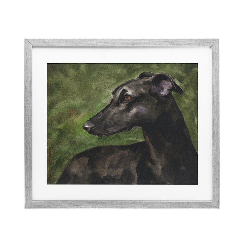 Black Greyhound Portrait Framed Print Under Glass, design by George Dyachenko, Farmhouse Grey Frame, 17" H x 21" W
