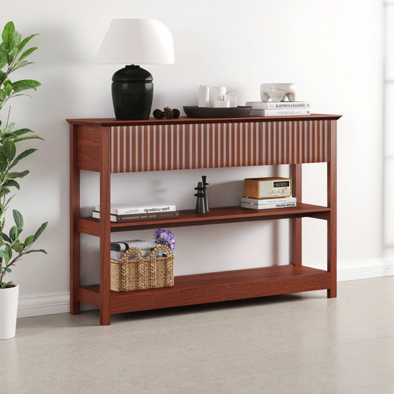 Console cannelée moderne 47 po avec deux tiroirs et tablette de présentation - Canapé d'entrée en MDF brun / cerisier
