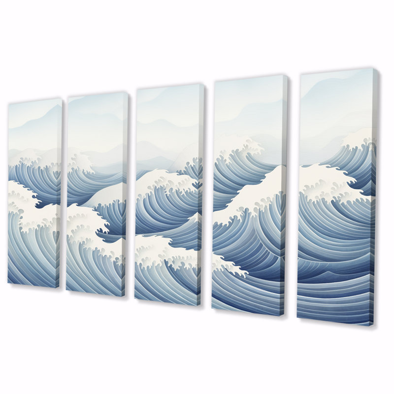 Harmonious Blue Waves Tides - Art géométrique abstrait 5 pièces, H 28 po x l 60 po