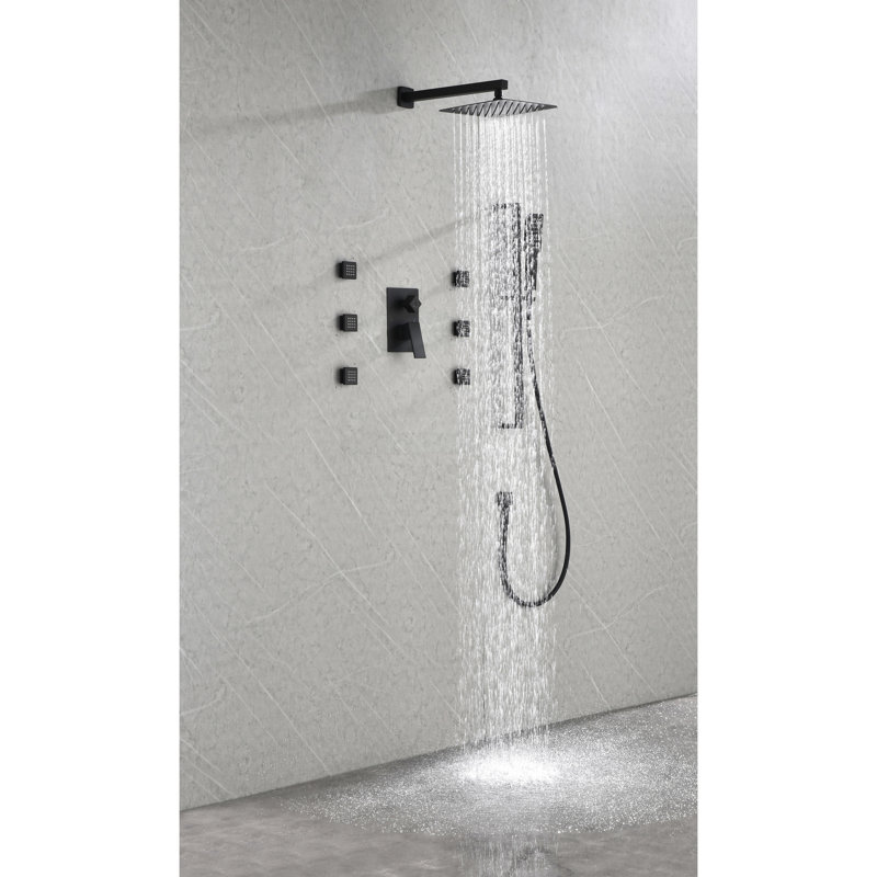 Structure de douche noire matte avec 6 qualités de jet corporel et douche à main, unité murale pulvérisée à la main