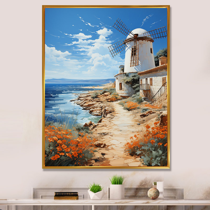Reproduction sur toile espagnol, moulins à vent de côte II, H 32 po x l 16 po x P 1 po, Cadre flottant doré