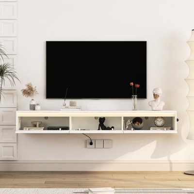 High Gloss Wall Mounted Floating Tv Stand With Led Lights And Power Outlet, Cabinet For 60 - 69 Inches In Living Room, White , Open Shelves Media Storage, Touch Sensitive Strip, Easy Installation